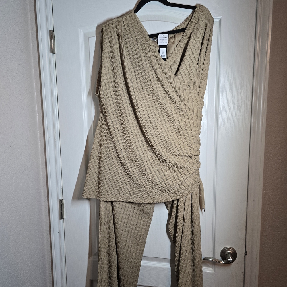 Fashion Nova Beige Ribbed Wide Leg Jumpsuit